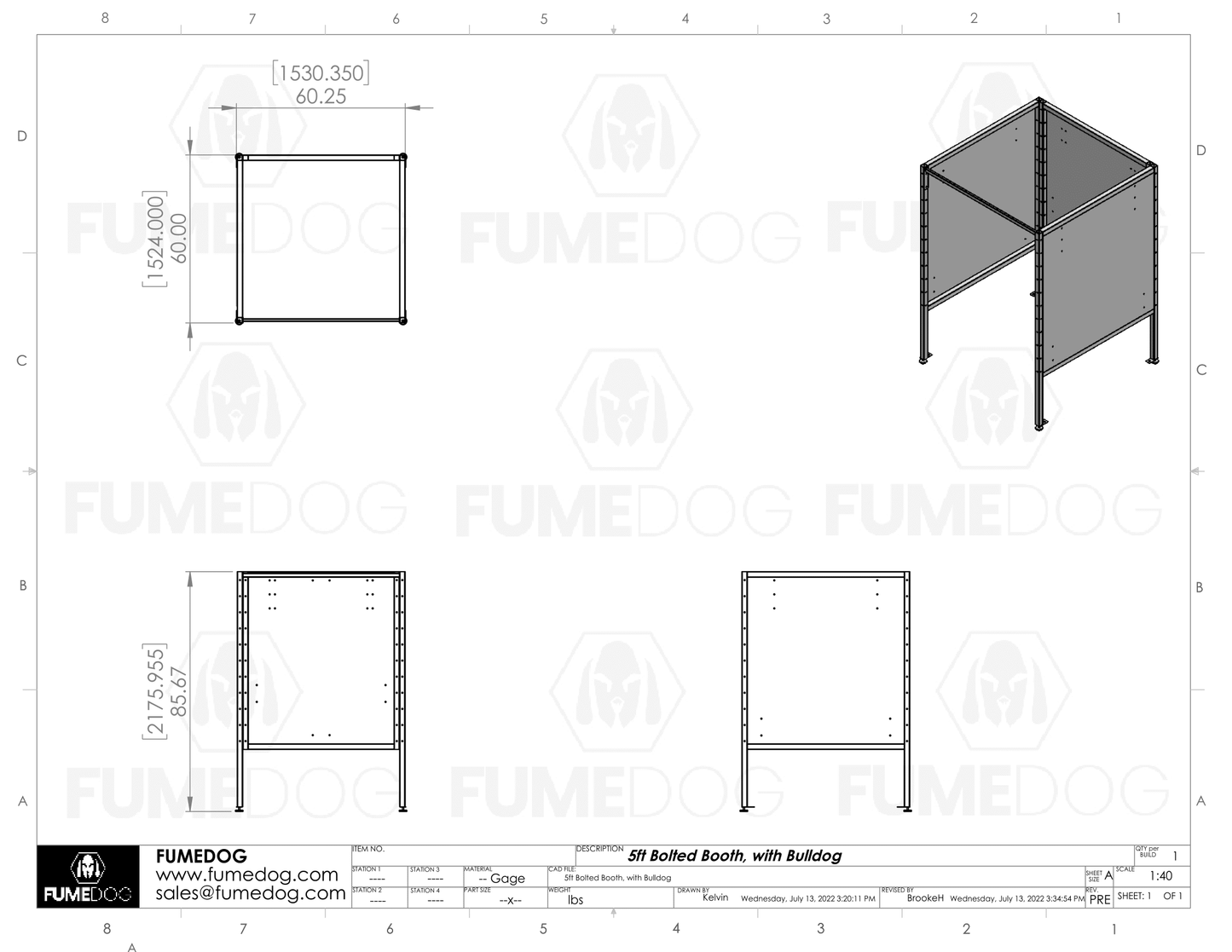 Fume Dog - Single Welding Booth Dimension Guide